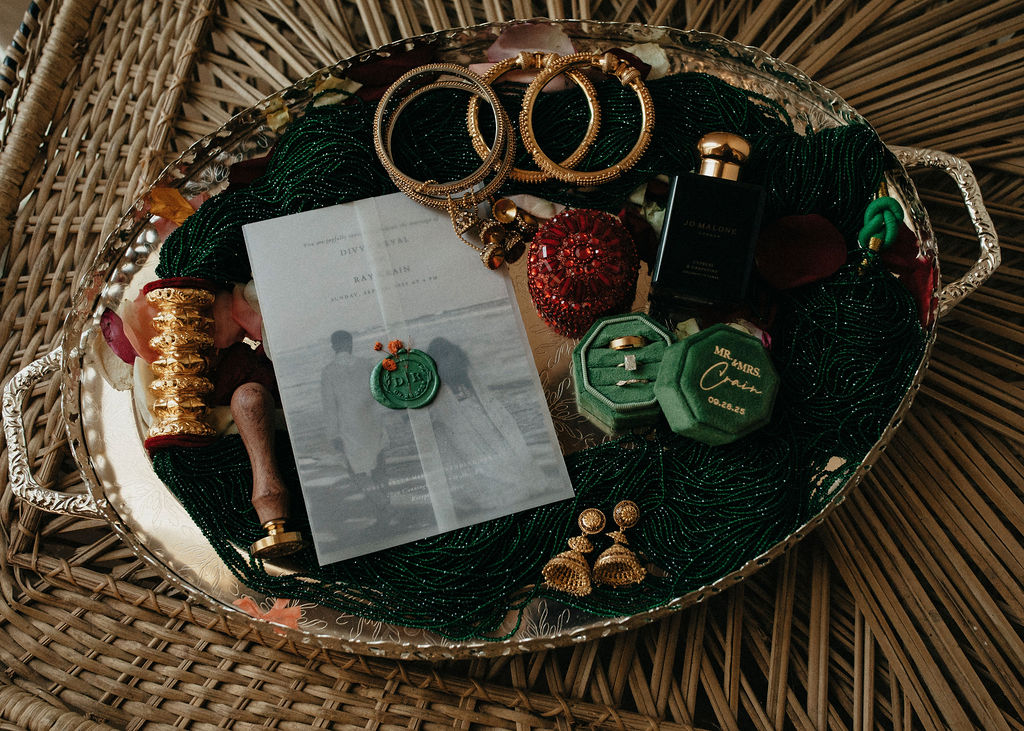 Wedding details are photographed at a tulum-inspired Texas wedding at Three Bells Mission