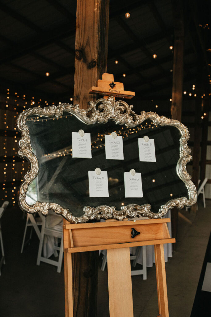 A vintage mirror is used for reception seating charts at a wedding in Houston