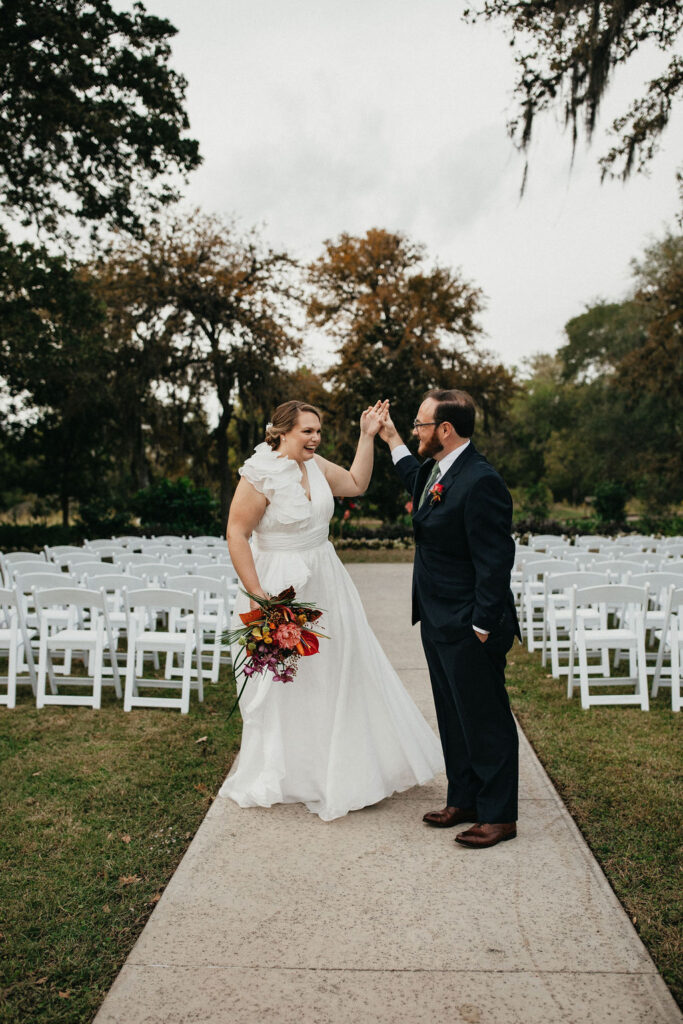 Newlyweds celebrate following their Houston wedding at Houston Botanic Garden