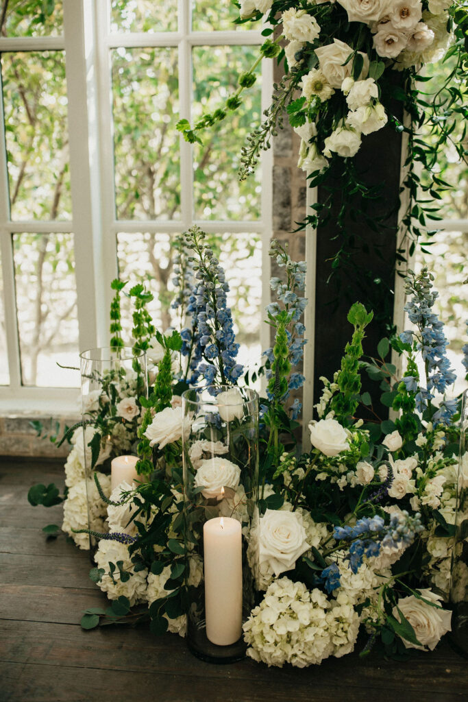 Wedding florals are photographed at the peach orchard venue