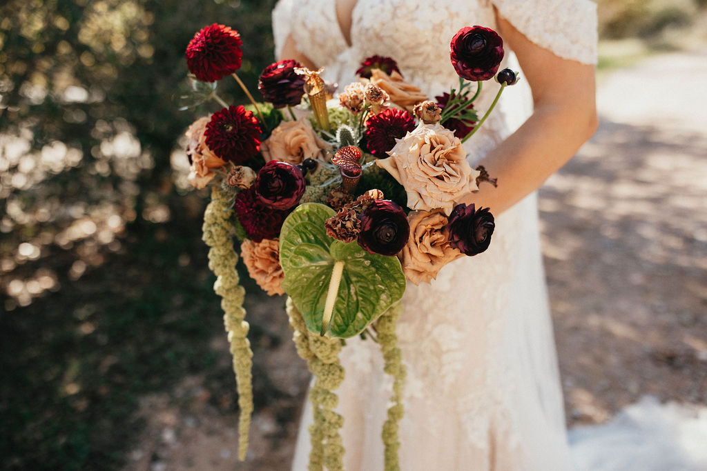 A bridal bouquet is shown at cypress valley event center