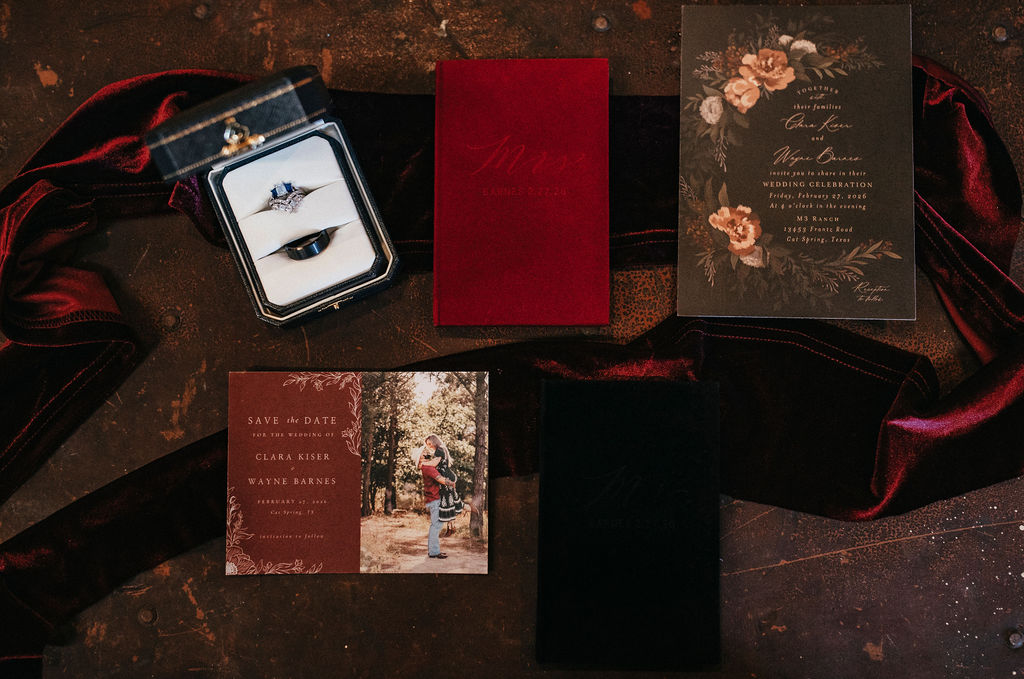 Gothic western wedding details are shown in a flat lay at a Texas winery wedding.